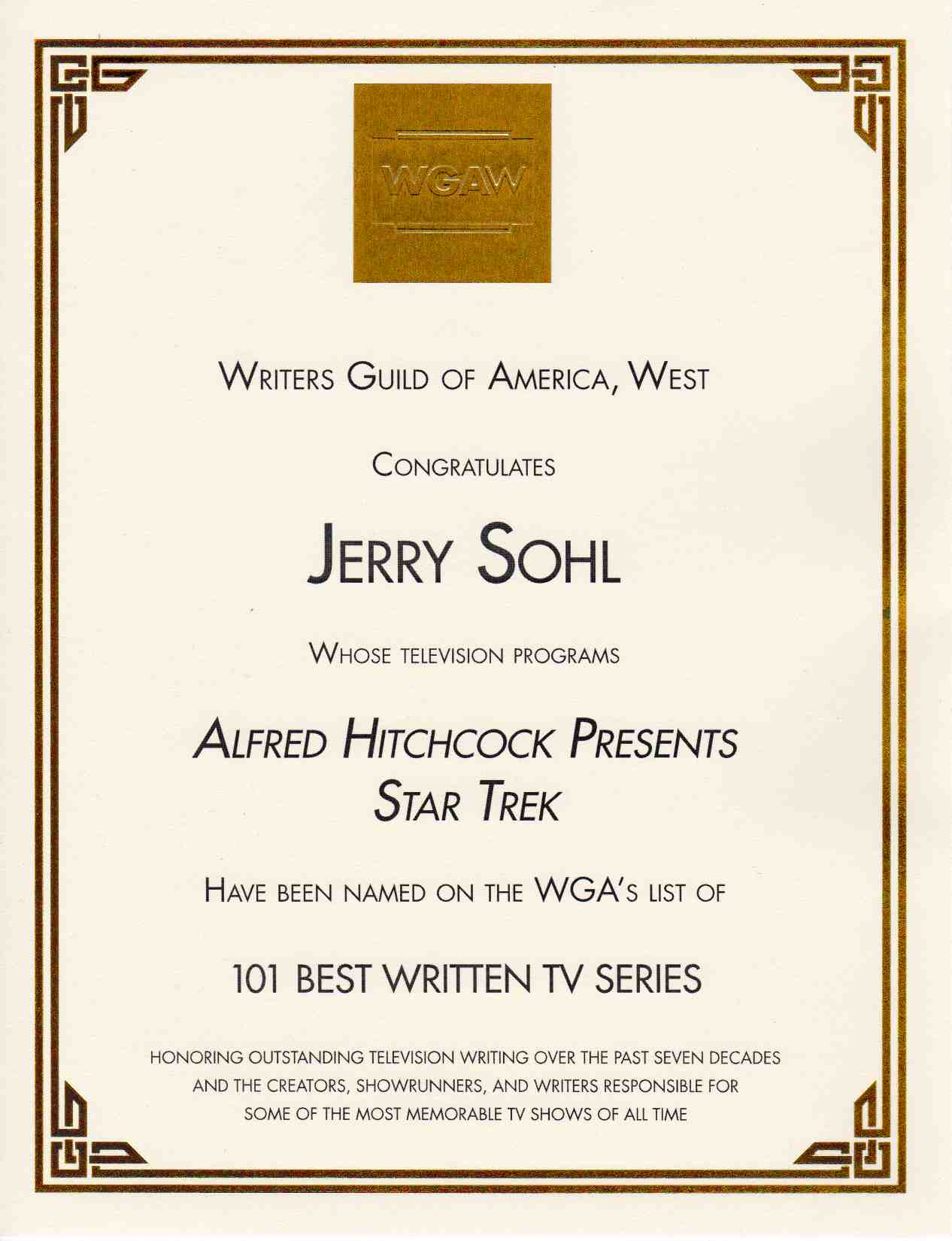 WGA Award for Jerry Sohl